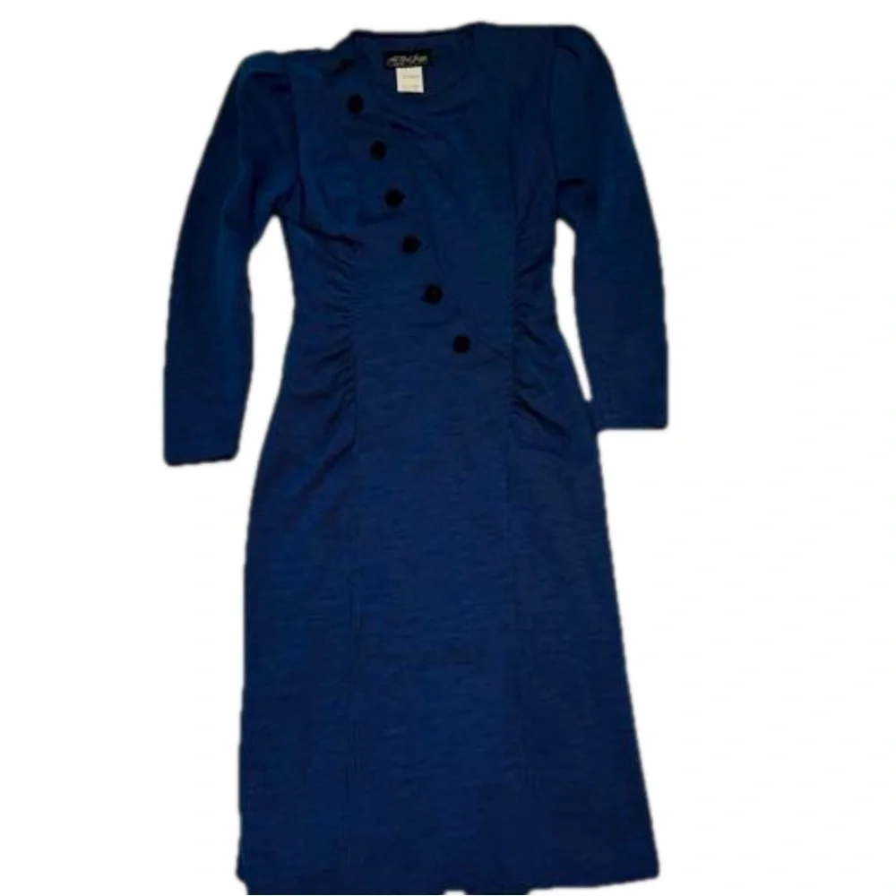 All That Jazz Vintage 90's Navy Midi Dress Size 5/6 Puffed Sleeve Shoulder Pads - Picture 14 of 14